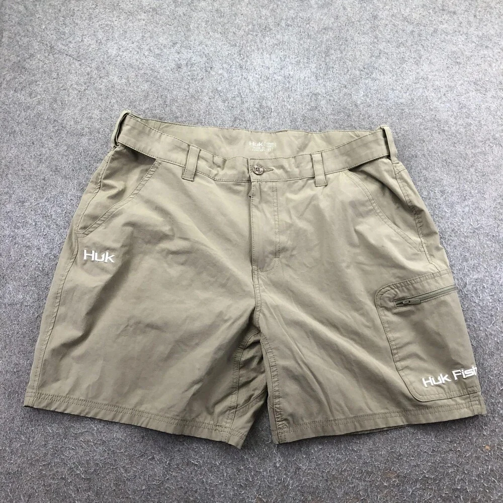 Huk Shorts Mens XL Beige Microfiber 9 Inch Fishing Quick Dry Lightweight Pockets